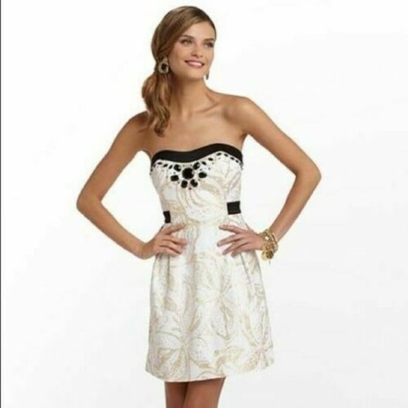 Lilly Pulitzer "Christine" Gold/Black Metallic Beaded Strapless Dress Sz 12 - Picture 1 of 12